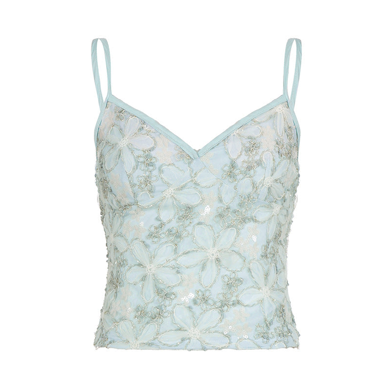 Dame spaghetti strop top med blomster broderier og lurex accenter Skovae