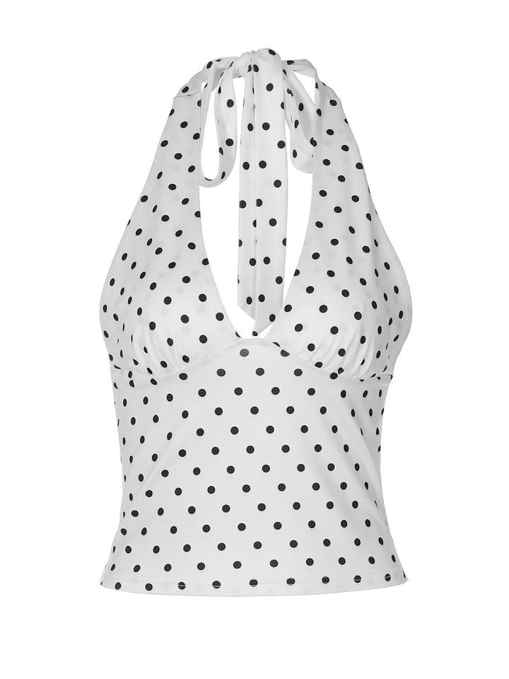 Dame Polka-Dots Haltertop med elegant V-udskæring og stilfuld bindebånd Stilla