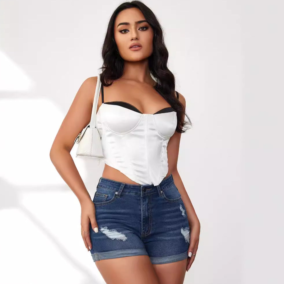 Dame denim shorts med høj talje og fashionable destroyed detaljer Stilla