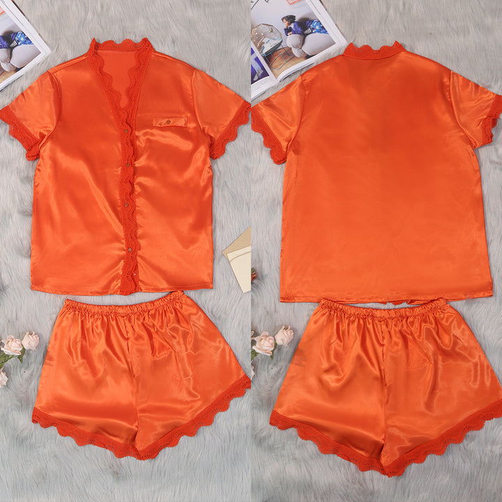 Dame Satin Natbluse-Sæt med elegant blondeudsmykning og knap-front Stilla