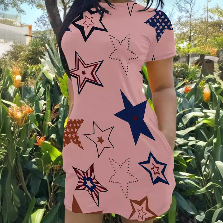 Dame afslappet T-shirt kjole med moderne stjernestribemønster Stilla