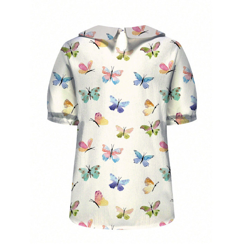 Dame kortærmet bluse med florale accenter og klassisk krave Skovae