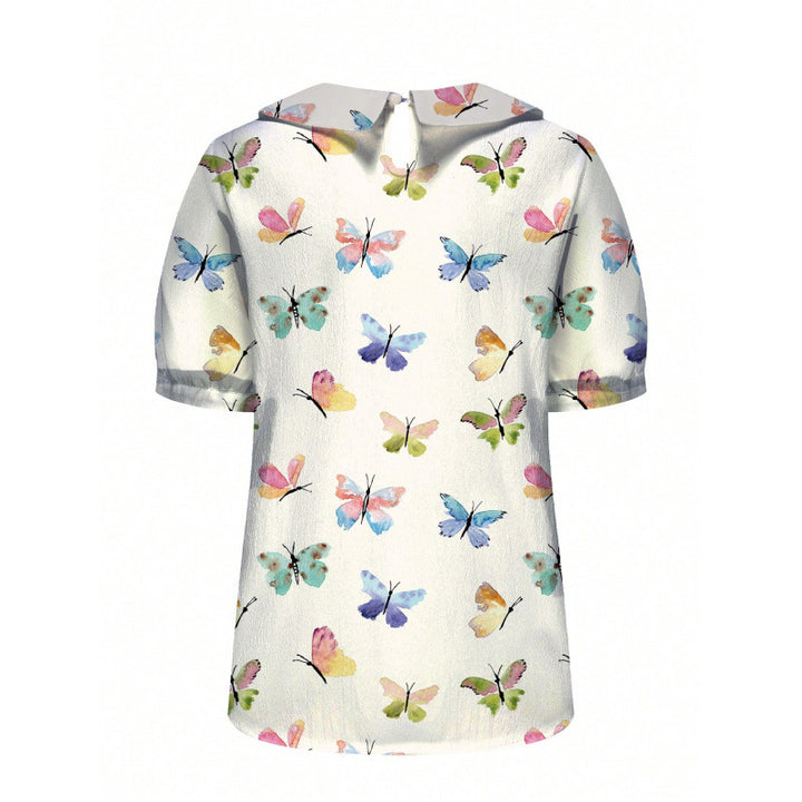 Dame kortærmet bluse med florale accenter og klassisk krave Skovae