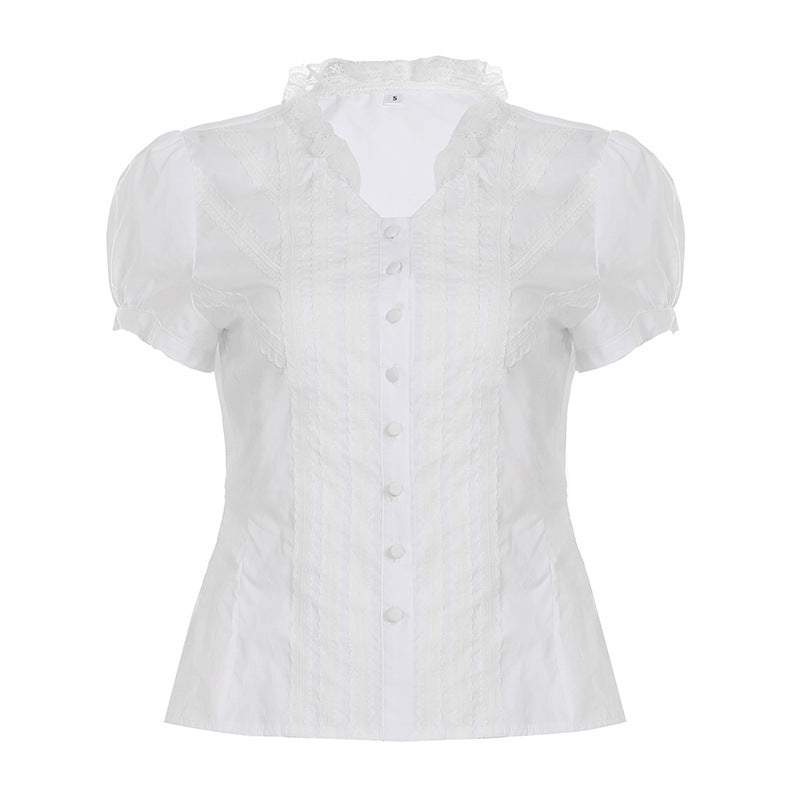 Dame Elegant bluseoberst med ruffle detaljer og knaplukning Skovae