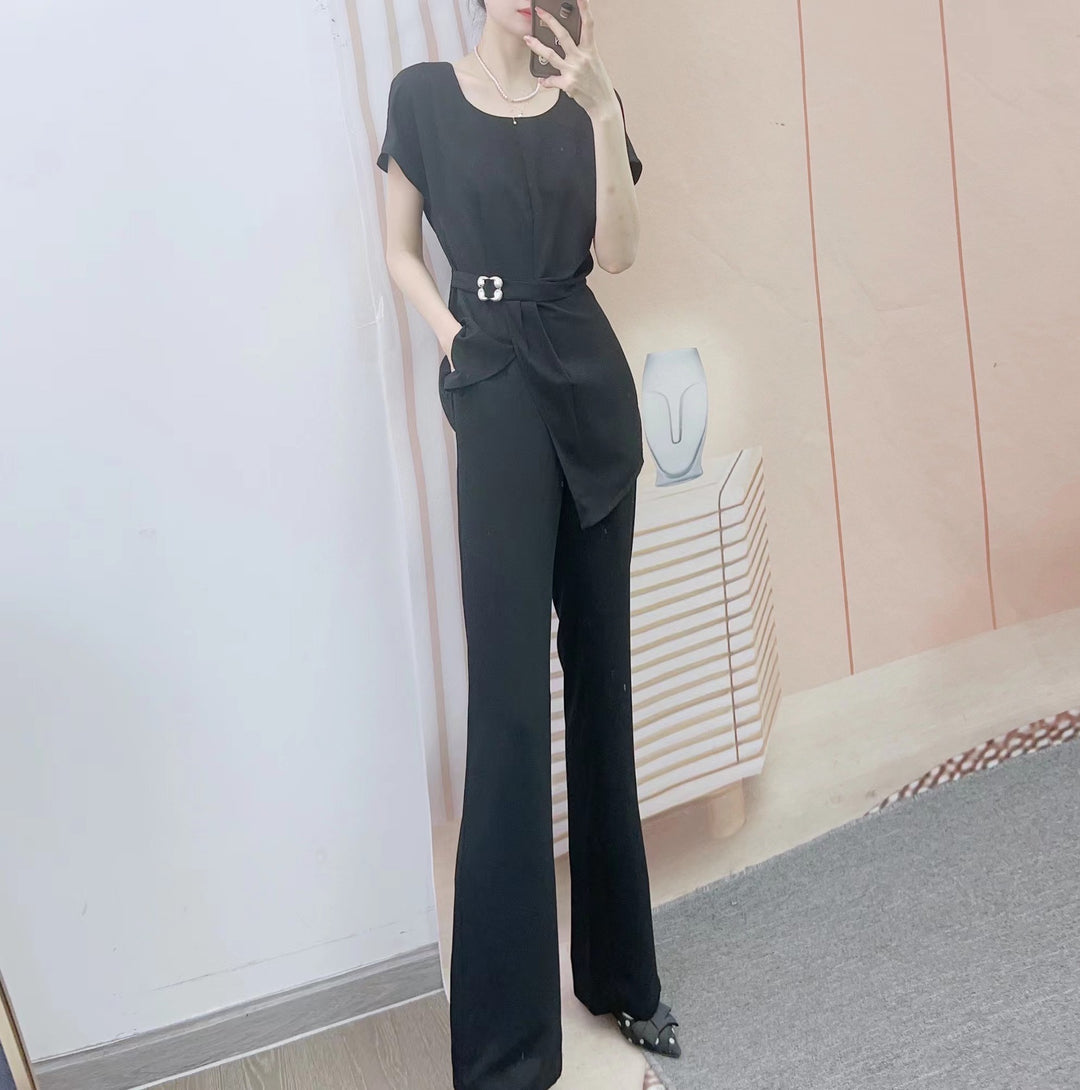 Dame Elegant Jumpsuit med trendy bælte og bredt skårne ben Stilla