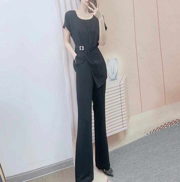 Dame Elegant Jumpsuit med trendy bælte og bredt skårne ben Stilla