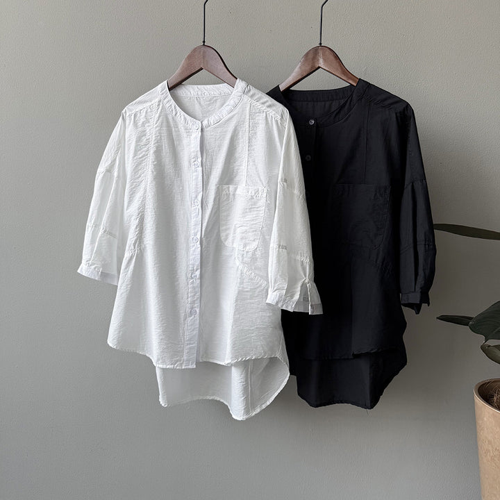 Dame afslappet langærmet blouse med knapbar udskæring og brystlomme Stilla