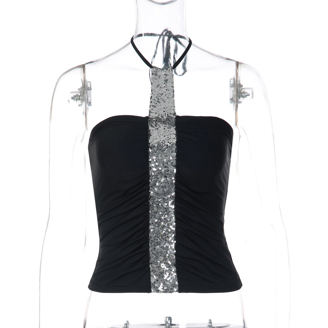 Dame Cropped Top med glimmerdetaljer og tætsiddende pasform Skovae