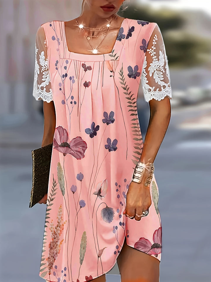 Dame Floral Print Shift Kjole med Spidsærmer Stilla
