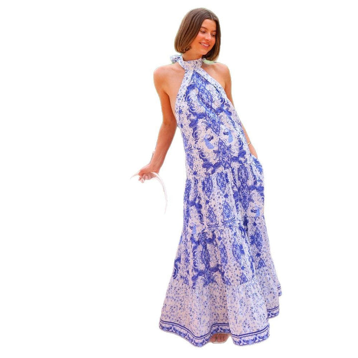 Dame Maxi Kjole med Halterneck og elegant Print Stilla