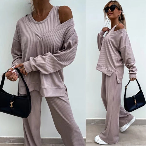 Kvinders afslappede lounge sæt med off-the-shoulder top og brede bukser Skovae