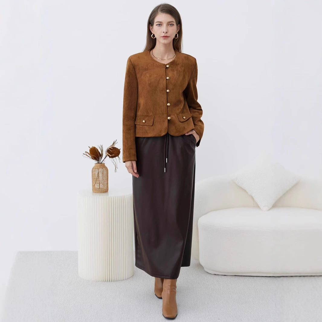 Dame Elegant Suede-Jakke med dekorative Knapper Stilla