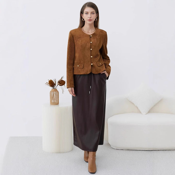 Dame Elegant Suede-Jakke med dekorative Knapper Stilla