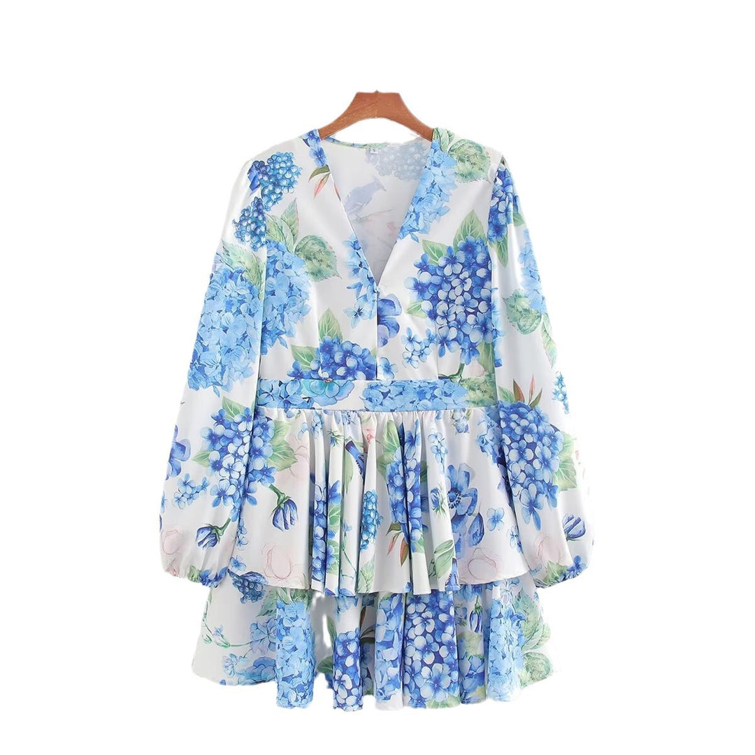 Femme Rüschen Floral V-halskjole med lange ærmer Stilla