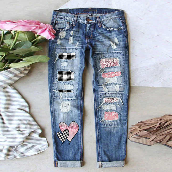 Dame Ripped Jeans med unikke applikationer og trendy design Stilla
