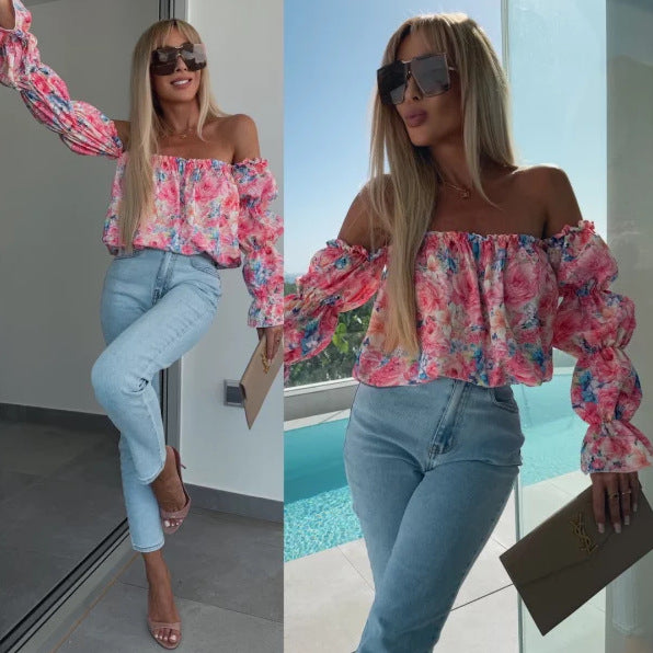 Dame Off-Shoulder Bluse med flæsedetaljer og blomstermønster Stilla