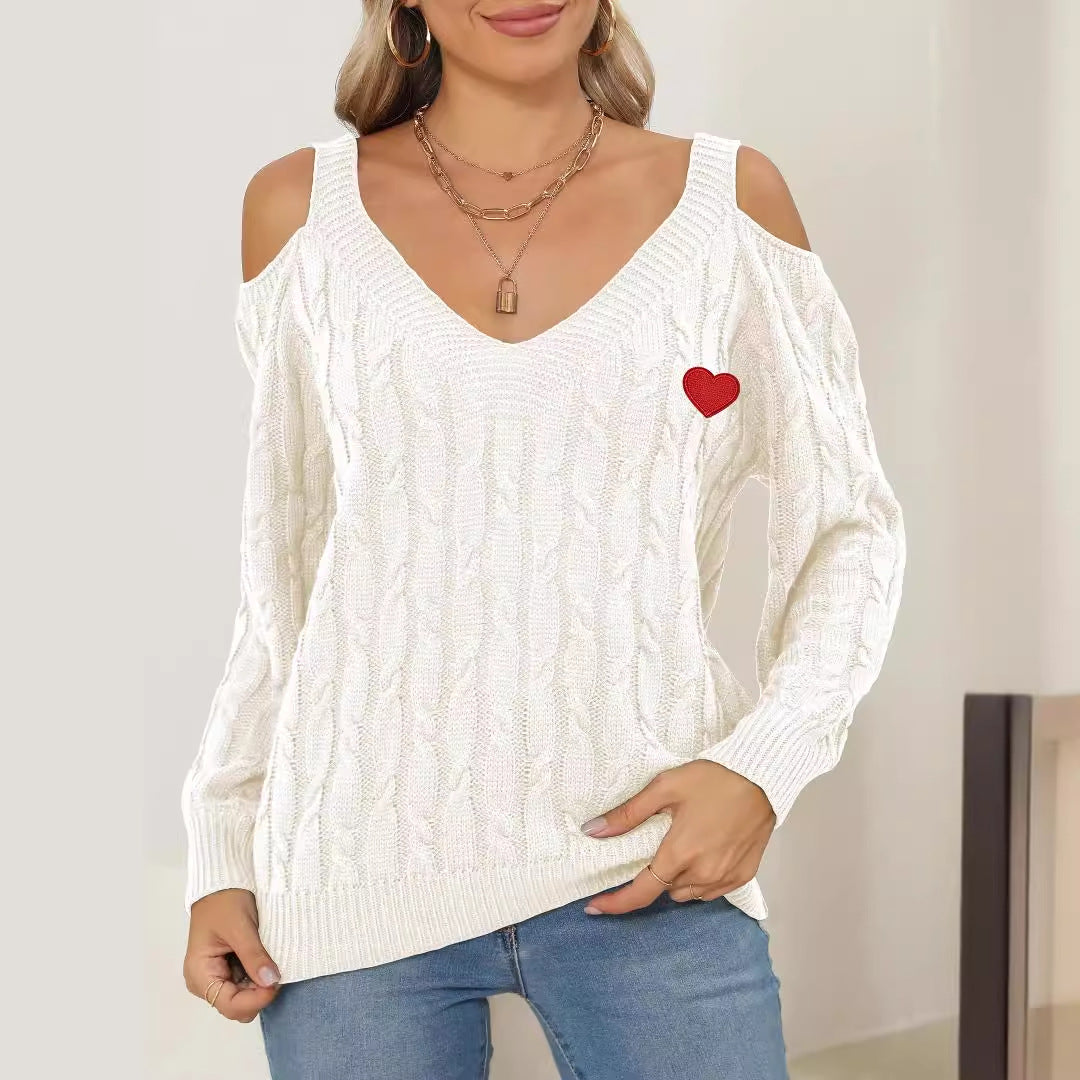 Dame strikpullover med trendy cut-out ærmer og hjerteapplikation Stilla