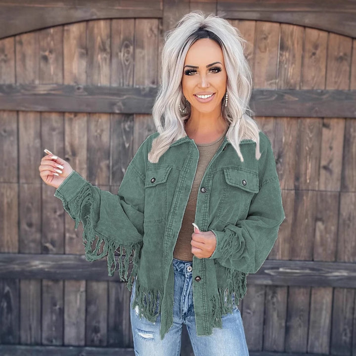 Kvinders frynsejakke lavet af denim i en afslappet oversized pasform