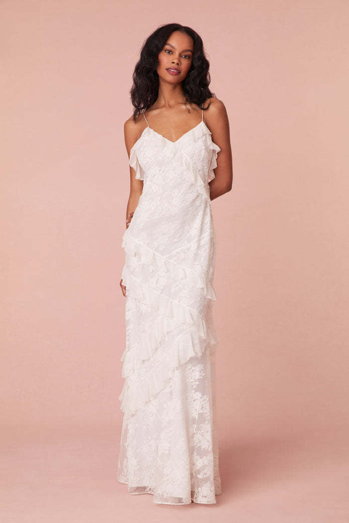 Damer Ruffle Maxi Kjole med Blomsterdetaljer og Elegant V-Hals