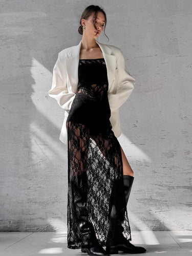 Dame Elegant blazer-outfit med gennemsigtig spidspullover lang jakke Stilla