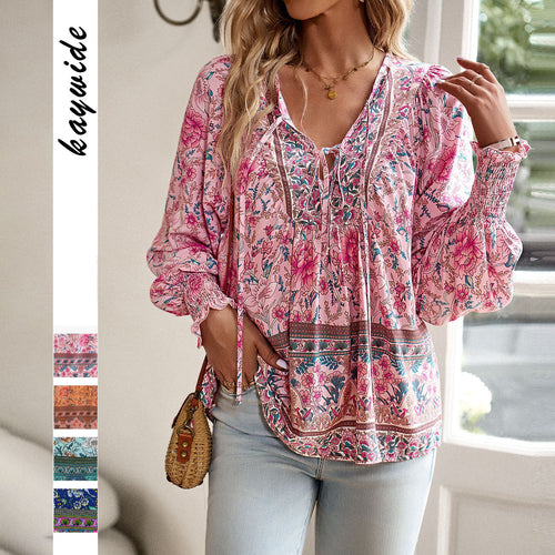 Dame blomster Boho-bluse med lange ærmer og raffinerede flæsedetaljer Stilla