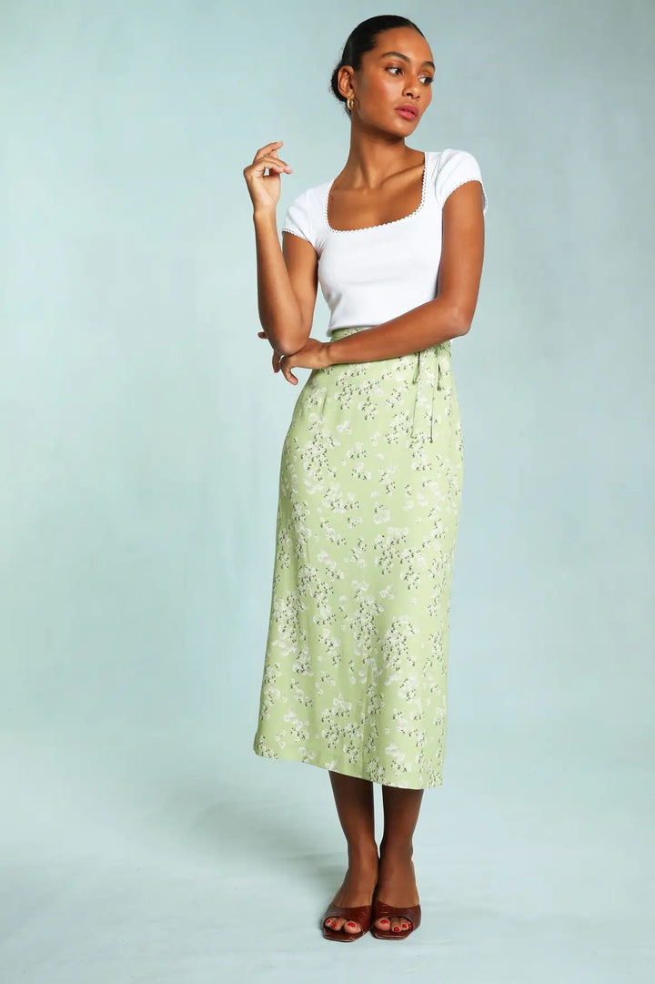 Dame Midi-nederdel med elegant blomsterprint og raffineret bindebånd Stilla