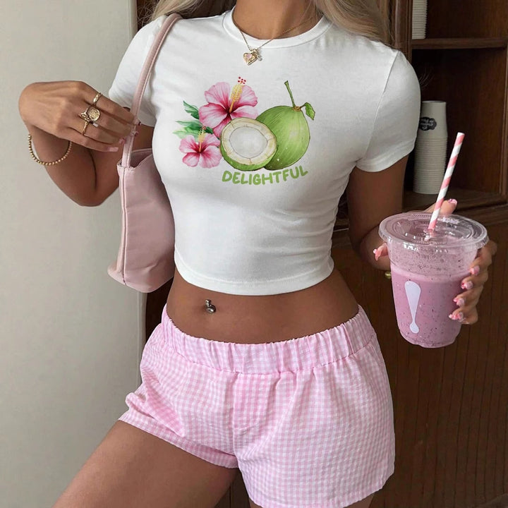 Dame Crop-Top med floraltryk og motiverende skrift Skovae