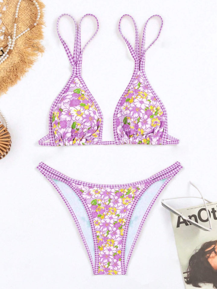 Dame bikini-sæt med blomstret design og ternet top Stilla