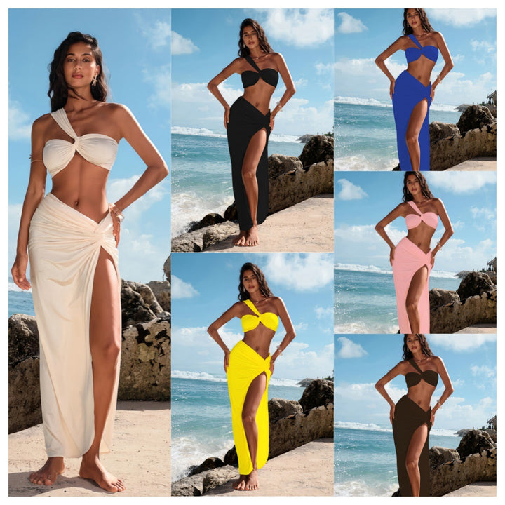 Dame stilfuldt bikiniset med asymmetrisk top og sexy split nederdel Stilla