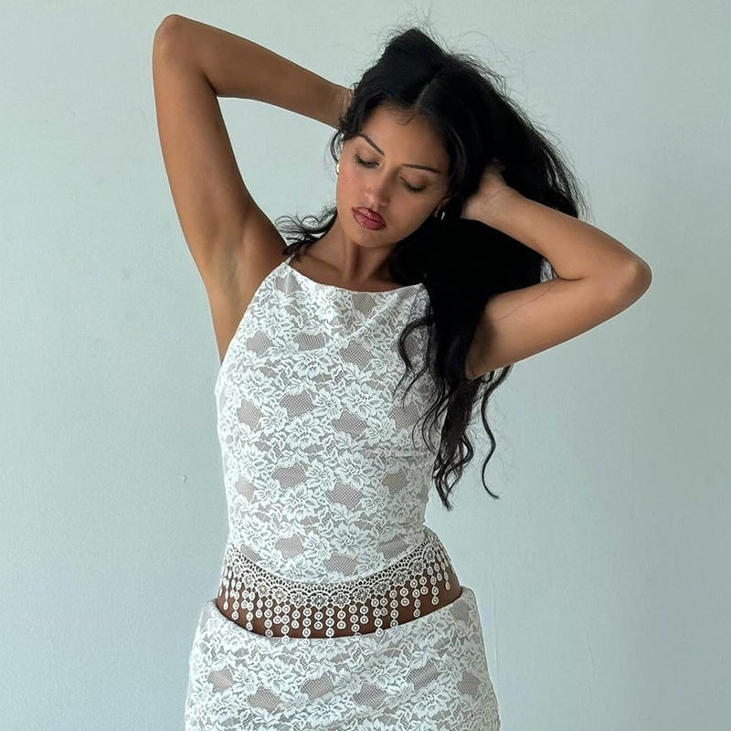 Dame Bodycon Midi Kjole med Spids-Detaljer Stilla