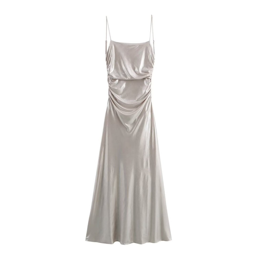 Stilla | Radiant Metallic Foil Plisseret Spaghetti Strop Maxi Kjole
