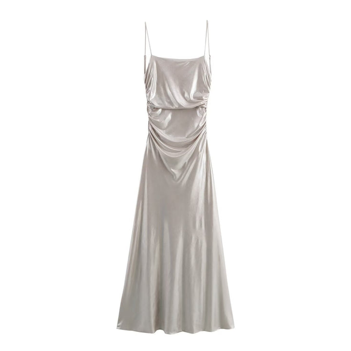 Stilla | Radiant Metallic Foil Plisseret Spaghetti Strop Maxi Kjole