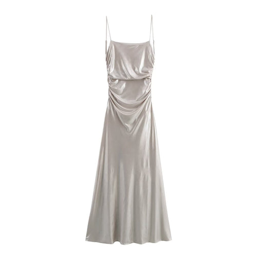 Stilla | Radiant Metallic Foil Plisseret Spaghetti Strop Maxi Kjole