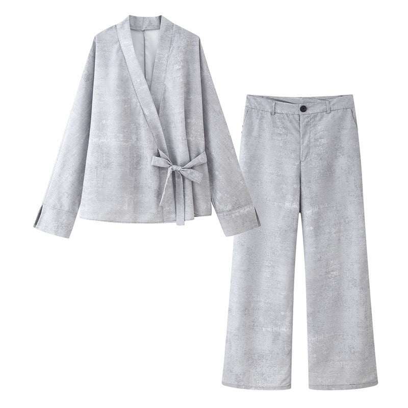 Femme Elegante Wrap Blouse og Wide Pants Sæt Stilla
