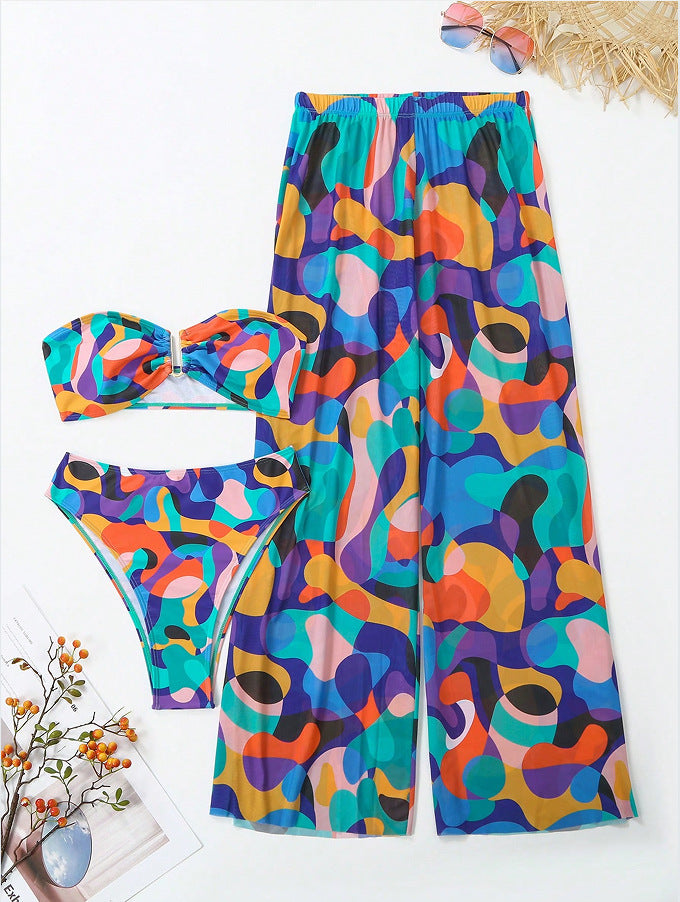 Dame Bohemian Print Bikini med flydende Cover-Up Bukser Stilla