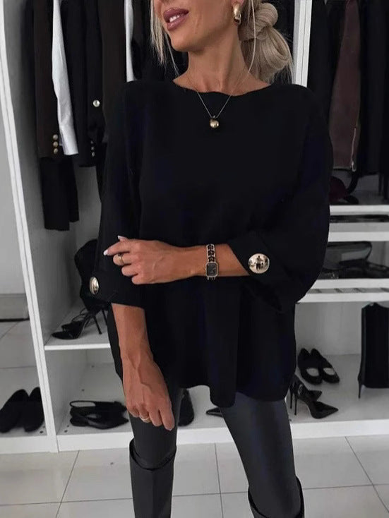 Dame Oversized Strikbluse med fashionable Ærmeopfoldninger Stilla