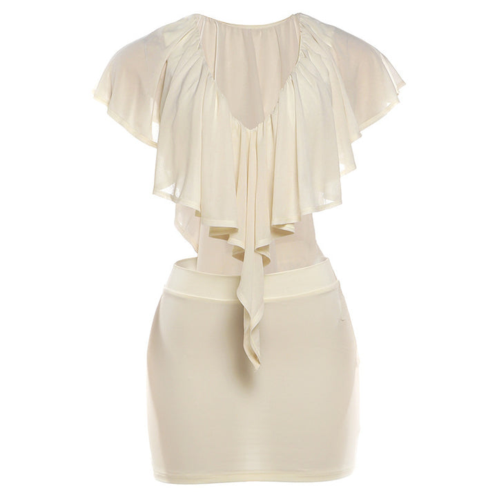 Dame elegant bluse med voluminøse flæsedetaljer og stilig rygudskæring Skovae