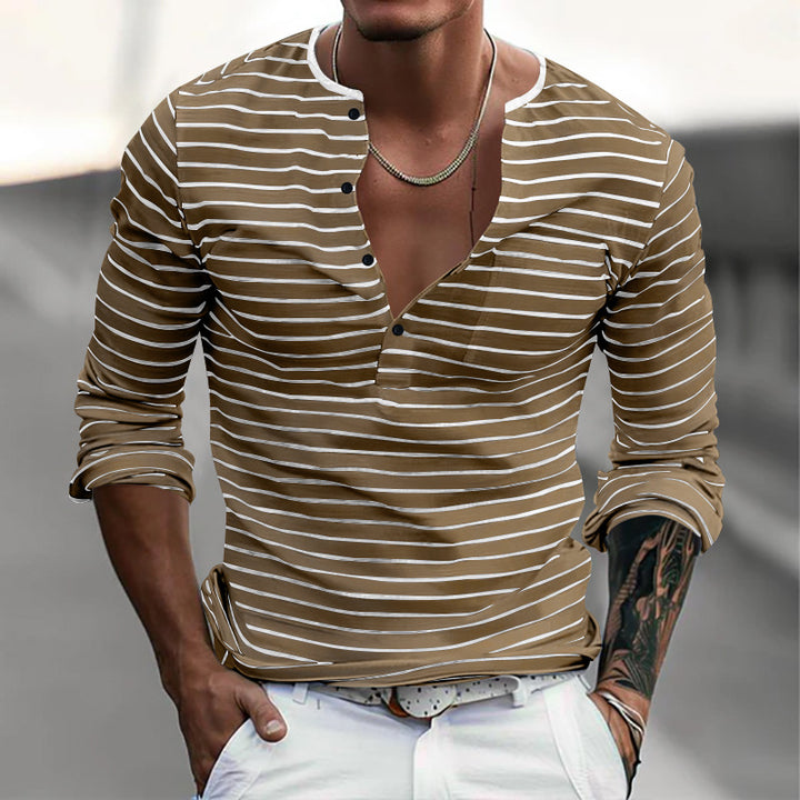Herrer Langærmet Henley-shirt med moderigtigt stribemønster og innovativt knapdesign Stilla