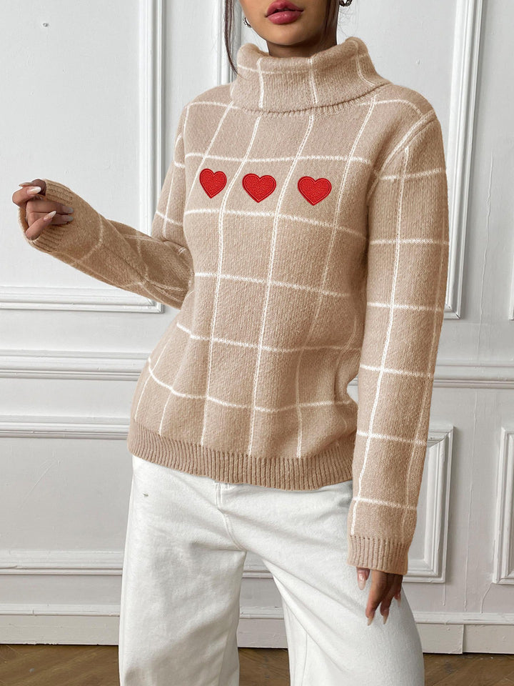 Damer rullekrave sweater med hjerte motiv og ternet design Stilla
