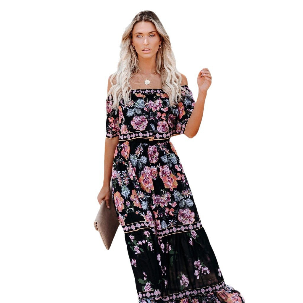 Dame Off-Shoulder Maxikjole med blomsterprint og voluminøse ærmer Stilla