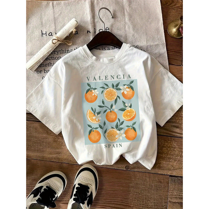 Dame T-shirt med frisk Valencia-appelsinmotiv og blomstertryk Stilla