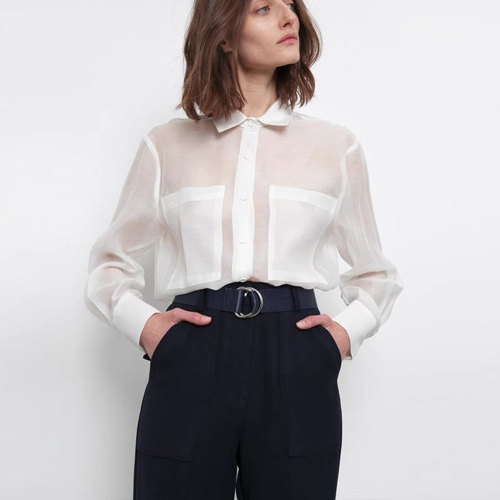 Dame gennemsigtig bluse med klassisk krave og dekorative lommer Stilla