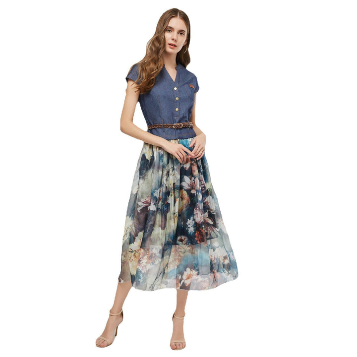 Stilla | Elegant Patchwork Print Stropkjole Midi Kjole