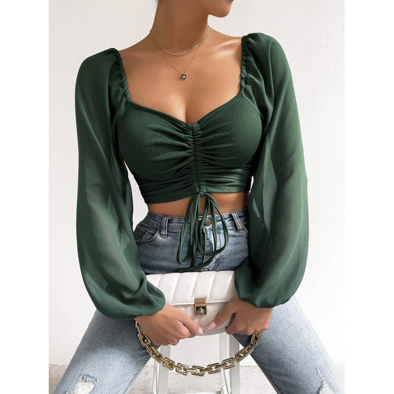 Dame Elegant Crop-top med puffede ærmer og snøremuligheder Stilla