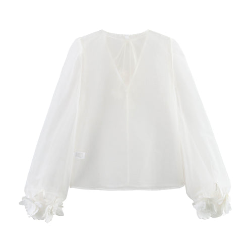 Femme Elegante Transparent Bluse med Puffærmer og Florale Accenter Stilla