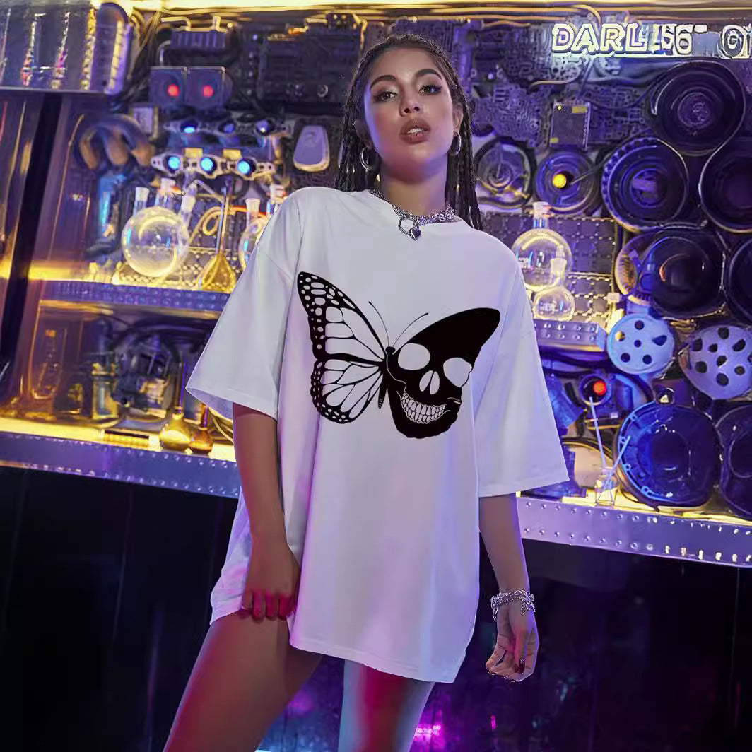 Dame T-Shirt med kreativ sommerfuglskelet-design Stilla
