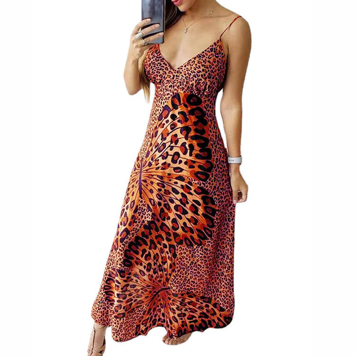 Stilla | Leopard-print-sommerfugl-mønster-v-udskæring-ærmeløs-basis-kjole