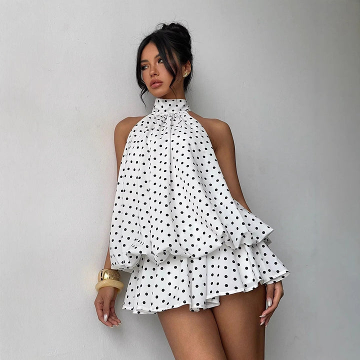 Dame moderne Polka-Dots sæt med høj krave og voluminøse ærmer Skovae