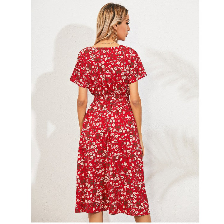 Dame Floral Midi Kjole med elastisk Talje Stilla