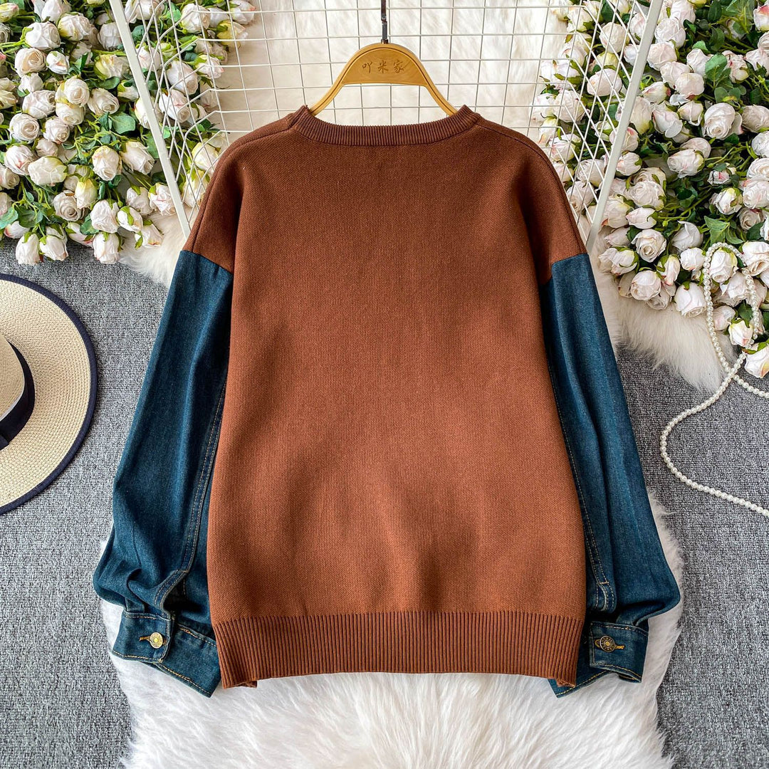 Dame Elegant Sweater med Sommerfugl Motiv og Denim Ærmer Stilla